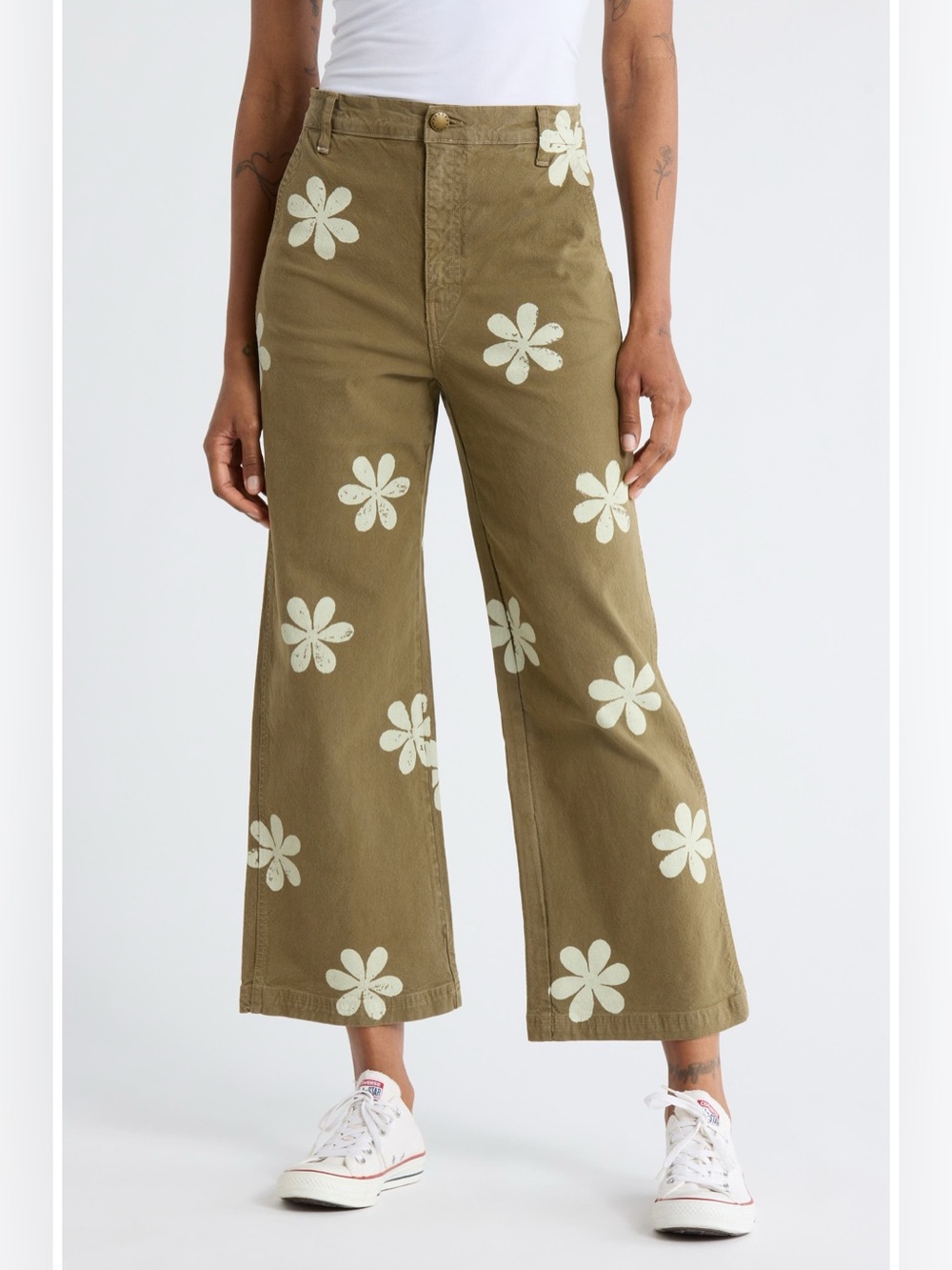 THE GREAT. The Painter Pant Floral Blossoms Wide Leg Olive Green Size 28/6